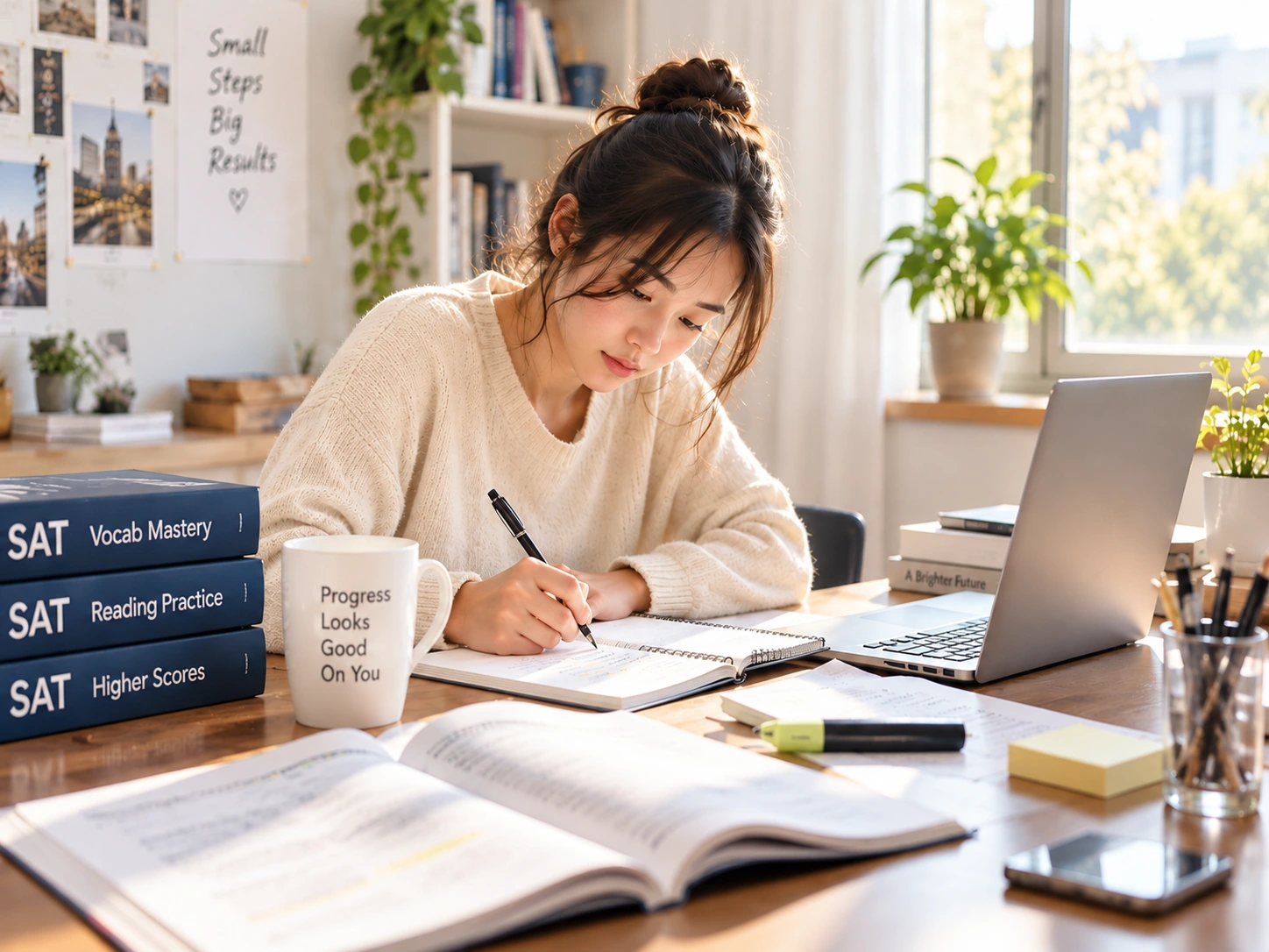 Student studying independently with SAT preparation material in a bright home workspace