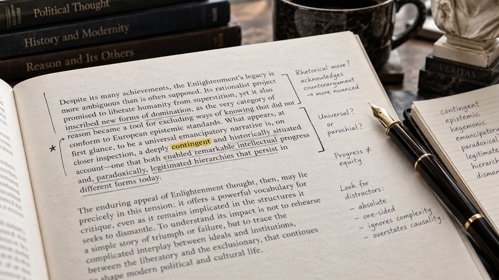 Close-up of an annotated reading passage showing contextual reasoning and vocabulary analysis