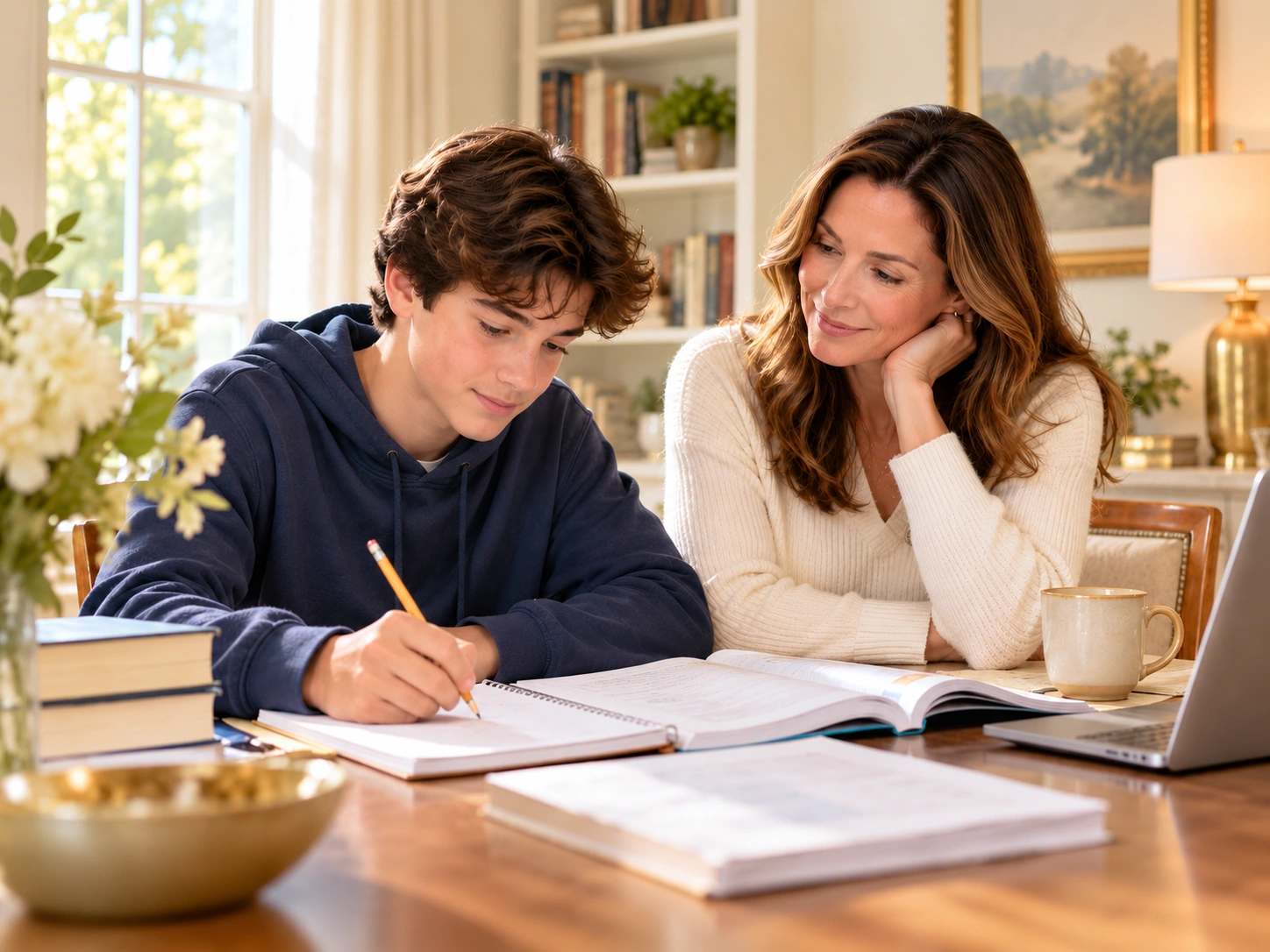 Parent supporting a student during SAT preparation in a bright home study setting